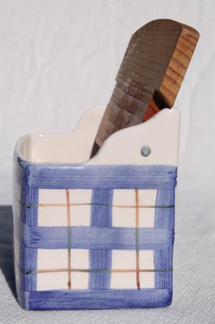 photo of vintage hand painted ceramic salt box, blue & white plaid Alcobaca Portugal pottery #5