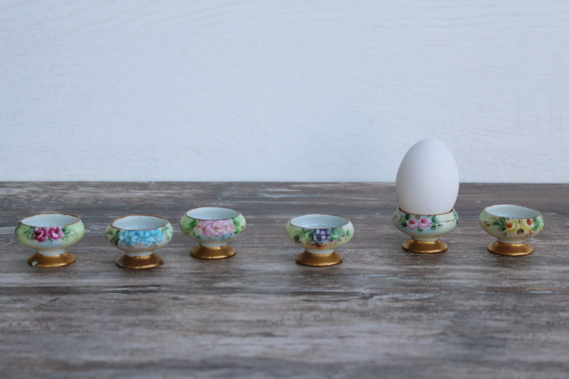 photo of vintage hand painted china egg cups or salt cellars, tiny individual bowls w/ different flowers #1