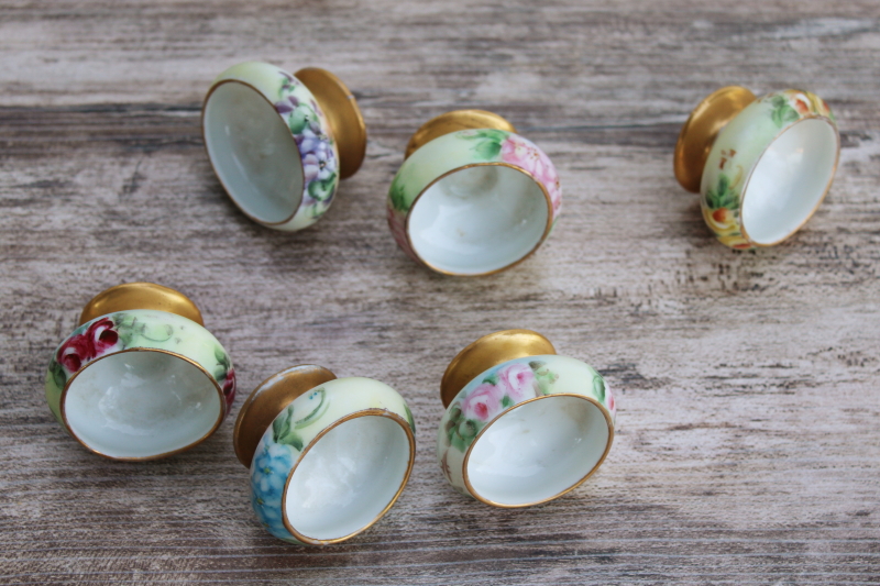 photo of vintage hand painted china egg cups or salt cellars, tiny individual bowls w/ different flowers #6