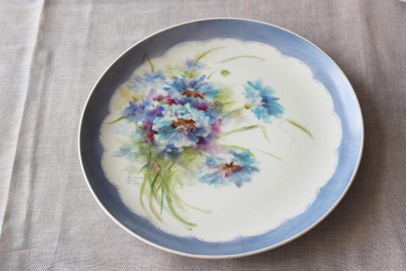 photo of vintage hand painted china plate, blue cornflowers floral bachelors buttons #1