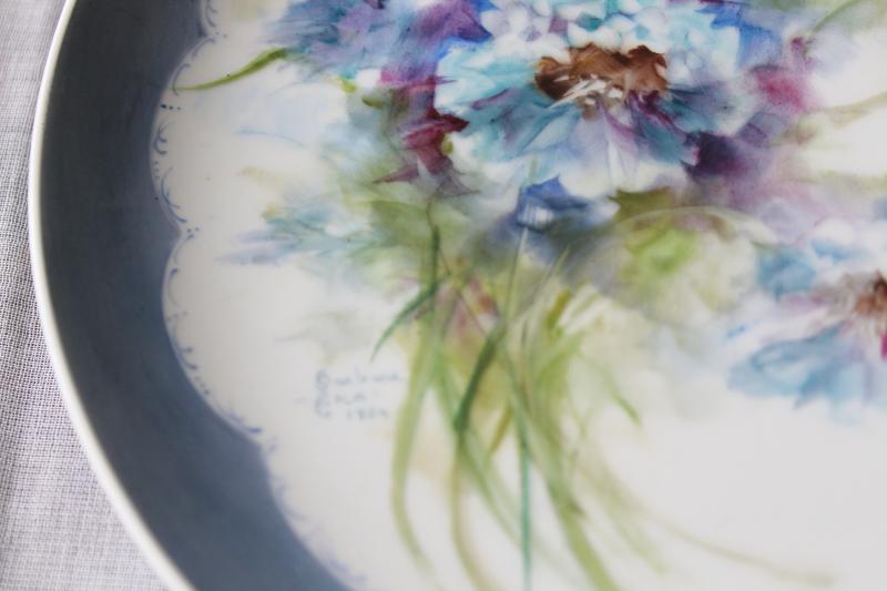 photo of vintage hand painted china plate, blue cornflowers floral bachelors buttons #6