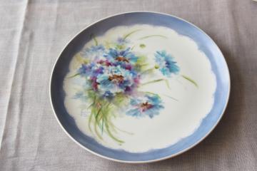 catalog photo of vintage hand painted china plate, blue cornflowers floral bachelors buttons