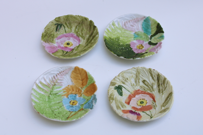 photo of vintage hand painted china tiny plates or butter pats, embossed roses & fern, poppies & wheat #1