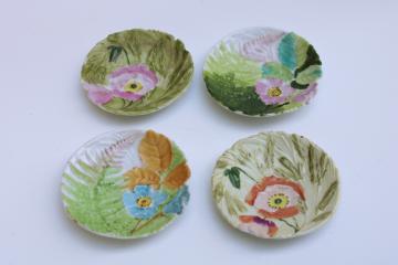 catalog photo of vintage hand painted china tiny plates or butter pats, embossed roses & fern, poppies & wheat