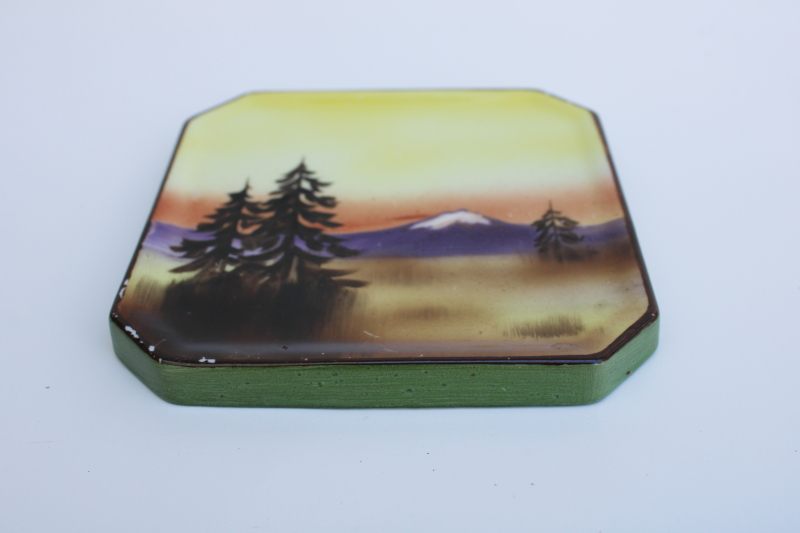 photo of vintage hand painted china trivet plate, pines & mountain scene early Noritake M mark #1