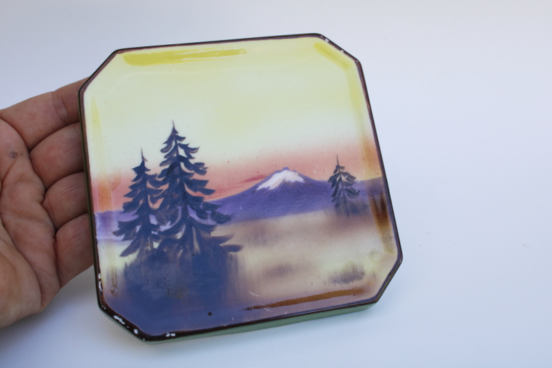 photo of vintage hand painted china trivet plate, pines & mountain scene early Noritake M mark #4