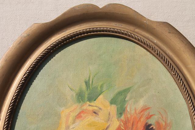 photo of vintage hand painted floral still life, oval painting in frame, bohemian art bright flowers #3