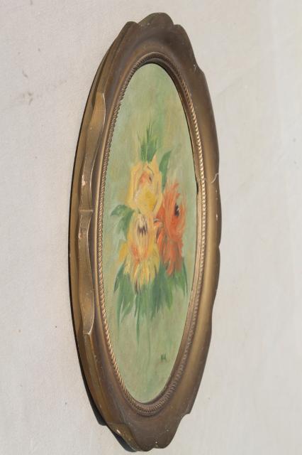 photo of vintage hand painted floral still life, oval painting in frame, bohemian art bright flowers #6