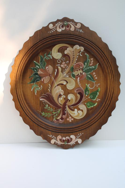 photo of vintage hand painted folk art tole painting style wood tray plate, artist signed #1