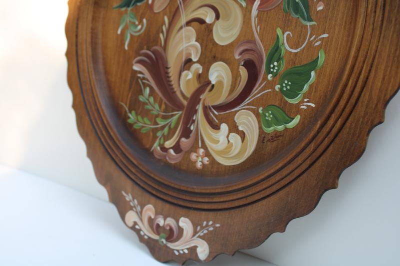 photo of vintage hand painted folk art tole painting style wood tray plate, artist signed #2