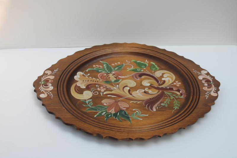 photo of vintage hand painted folk art tole painting style wood tray plate, artist signed #5