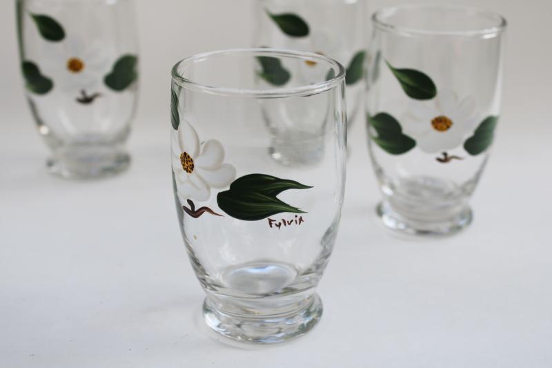 photo of vintage hand painted glass tumblers, dogwood flowers juice glasses, Blue Ridge? #2