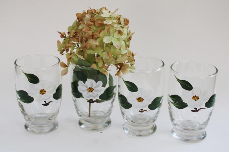 photo of vintage hand painted glass tumblers, dogwood flowers juice glasses, Blue Ridge? #6