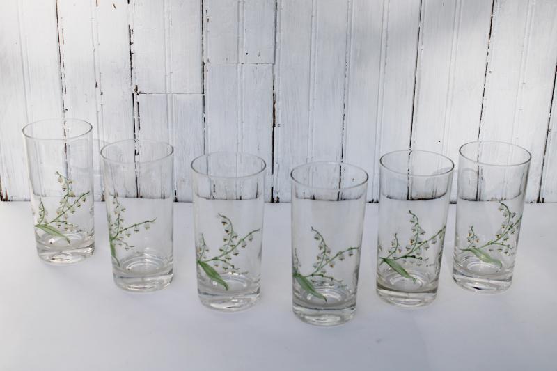 photo of vintage hand painted glass tumblers, lily of the valley drinking glasses artist signed #1