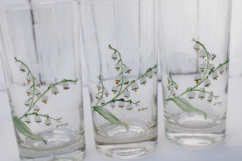 photo of vintage hand painted glass tumblers, lily of the valley drinking glasses artist signed #3