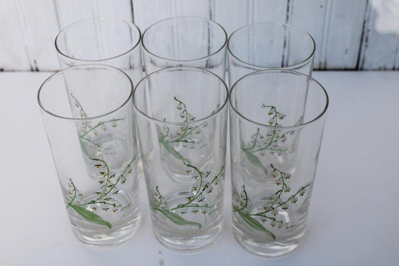 photo of vintage hand painted glass tumblers, lily of the valley drinking glasses artist signed #5