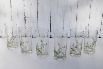 catalog photo of vintage hand painted glass tumblers, lily of the valley drinking glasses artist signed