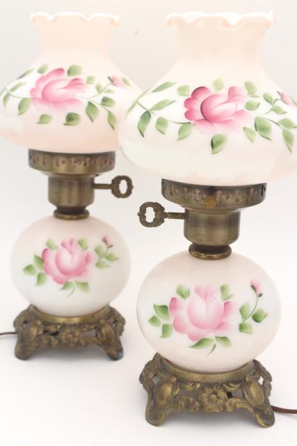 photo of vintage hand painted milk glass lamps, pair little pink GWTW lamps w/ light up bases #1