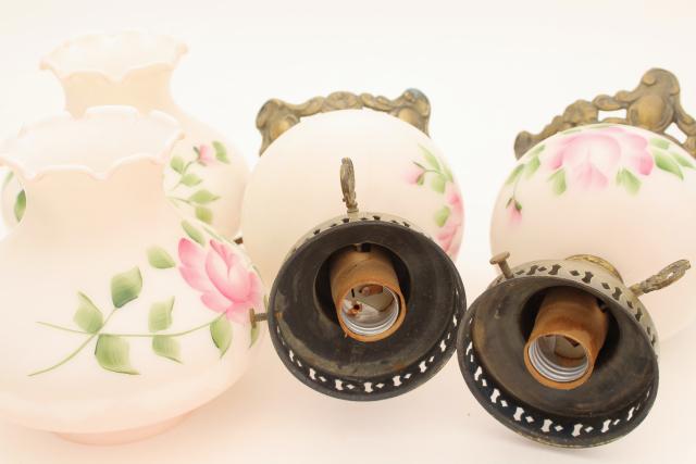 photo of vintage hand painted milk glass lamps, pair little pink GWTW lamps w/ light up bases #3