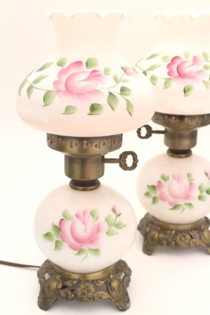 photo of vintage hand painted milk glass lamps, pair little pink GWTW lamps w/ light up bases #6