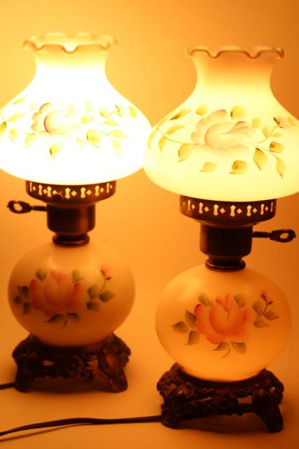 photo of vintage hand painted milk glass lamps, pair little pink GWTW lamps w/ light up bases #7