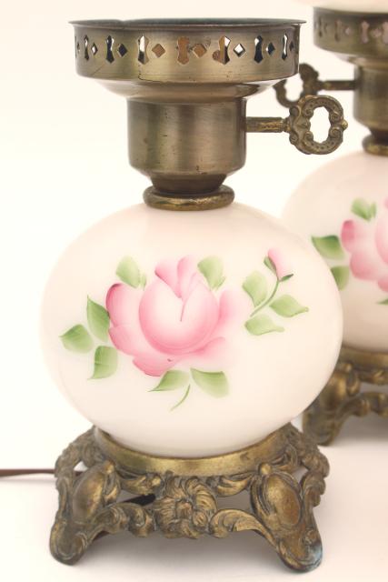 photo of vintage hand painted milk glass lamps, pair little pink GWTW lamps w/ light up bases #10