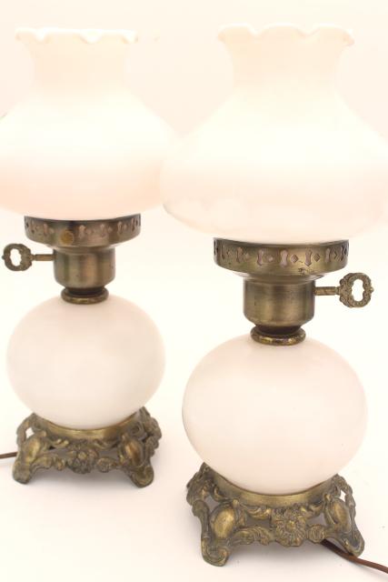 photo of vintage hand painted milk glass lamps, pair little pink GWTW lamps w/ light up bases #11