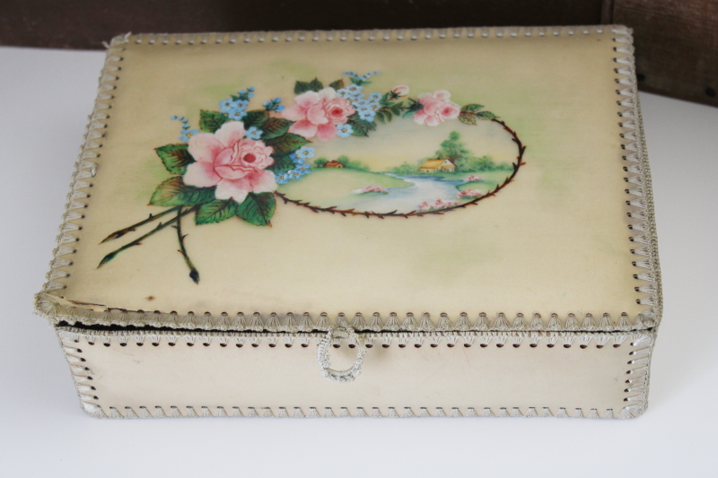 photo of vintage hand painted paper dresser box, greeting card style candy box for gloves or hankies #1
