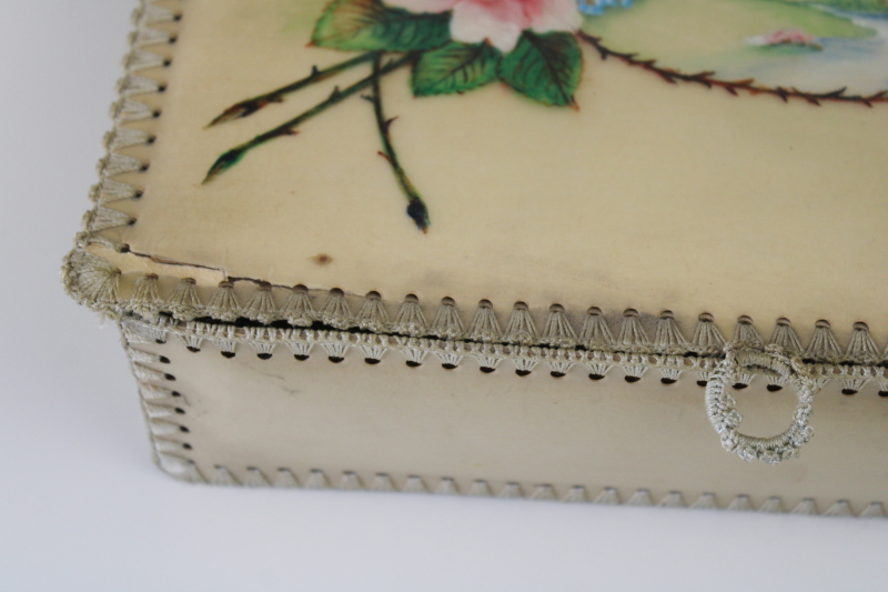 photo of vintage hand painted paper dresser box, greeting card style candy box for gloves or hankies #3