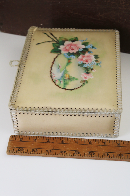photo of vintage hand painted paper dresser box, greeting card style candy box for gloves or hankies #8