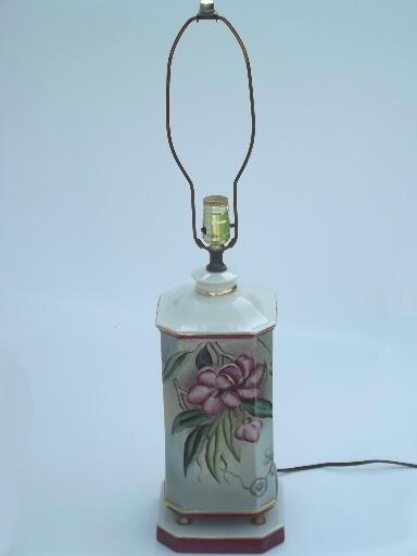 photo of vintage hand painted porcelain lamp w/ pink tropical flowers, 50s retro! #2