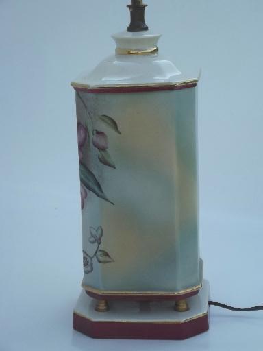 photo of vintage hand painted porcelain lamp w/ pink tropical flowers, 50s retro! #3