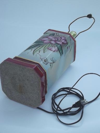 photo of vintage hand painted porcelain lamp w/ pink tropical flowers, 50s retro! #6