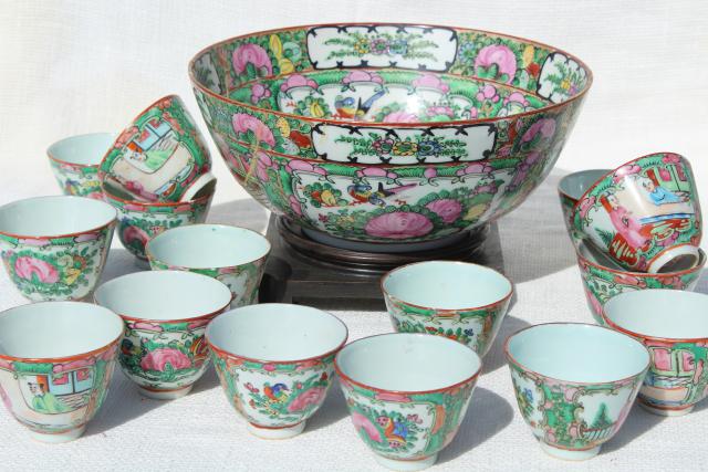 photo of vintage hand painted porcelain punch bowl & cups, famille rose medallion Hong Kong china #1