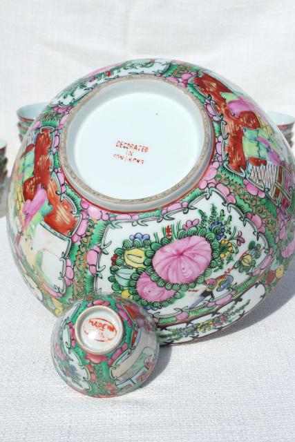 photo of vintage hand painted porcelain punch bowl & cups, famille rose medallion Hong Kong china #2