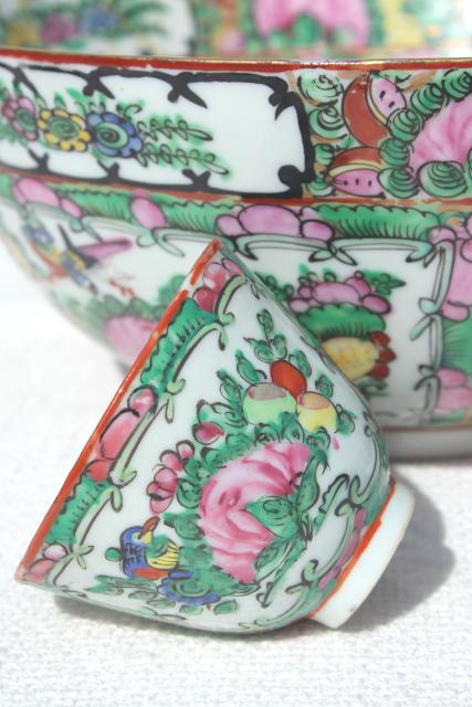 photo of vintage hand painted porcelain punch bowl & cups, famille rose medallion Hong Kong china #4