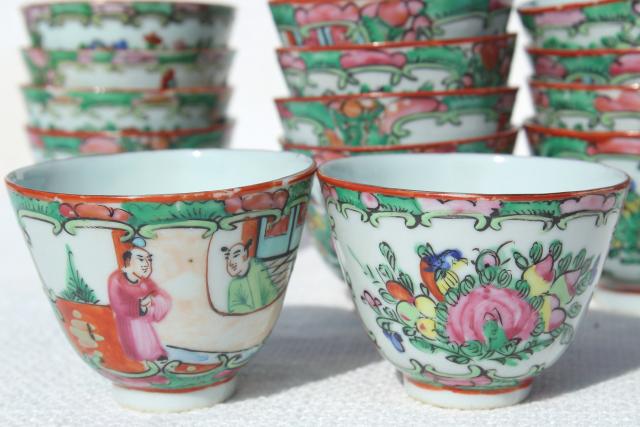 photo of vintage hand painted porcelain punch bowl & cups, famille rose medallion Hong Kong china #8