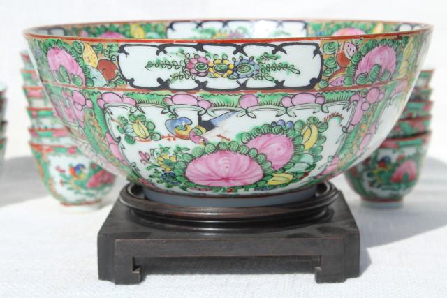 photo of vintage hand painted porcelain punch bowl & cups, famille rose medallion Hong Kong china #10