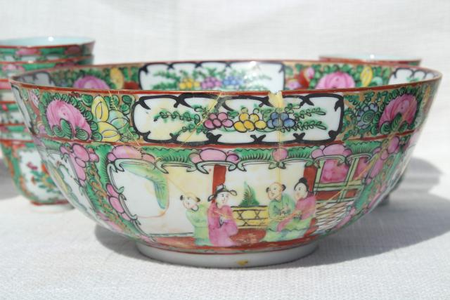 photo of vintage hand painted porcelain punch bowl & cups, famille rose medallion Hong Kong china #12