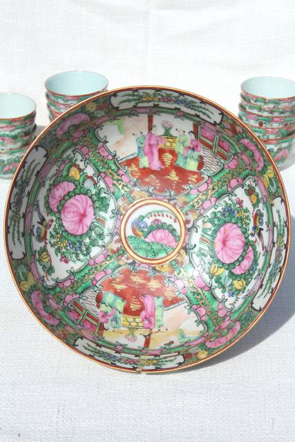 photo of vintage hand painted porcelain punch bowl & cups, famille rose medallion Hong Kong china #14