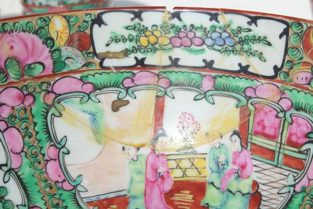 photo of vintage hand painted porcelain punch bowl & cups, famille rose medallion Hong Kong china #17