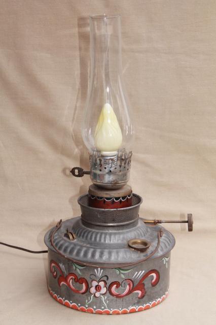 photo of vintage hand painted rosemaling tole tin oil lamp, primitive antique kerosene can light #1