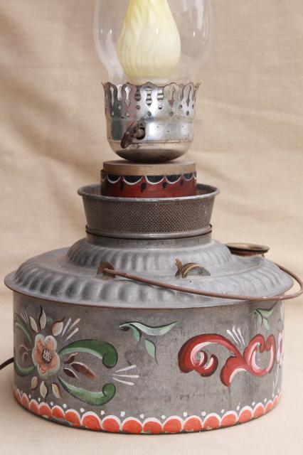 photo of vintage hand painted rosemaling tole tin oil lamp, primitive antique kerosene can light #2