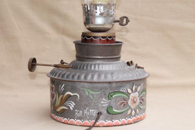 photo of vintage hand painted rosemaling tole tin oil lamp, primitive antique kerosene can light #3