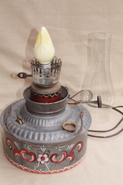 photo of vintage hand painted rosemaling tole tin oil lamp, primitive antique kerosene can light #6