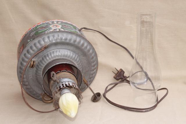 photo of vintage hand painted rosemaling tole tin oil lamp, primitive antique kerosene can light #7