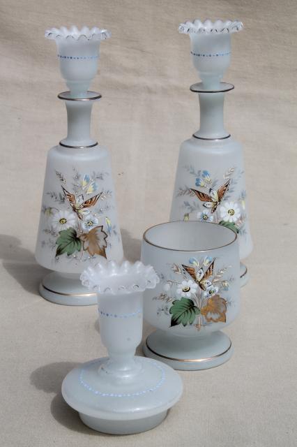 photo of vintage hand painted translucent camphor glass vanity bottles & jar candle holders #1