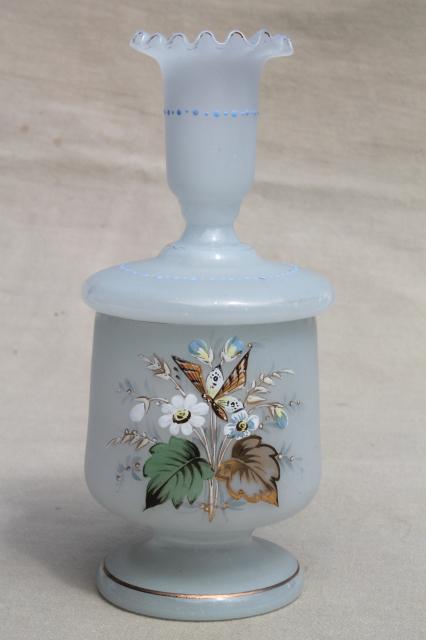 photo of vintage hand painted translucent camphor glass vanity bottles & jar candle holders #2