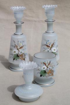 catalog photo of vintage hand painted translucent camphor glass vanity bottles & jar candle holders