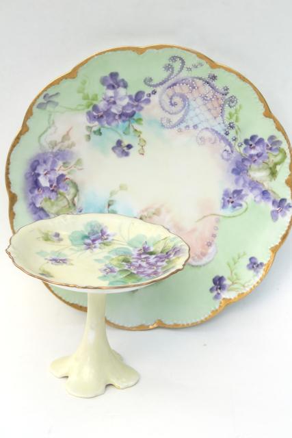 photo of vintage hand painted violets china plate & pedestal candy dish, dessert stand pieces #1